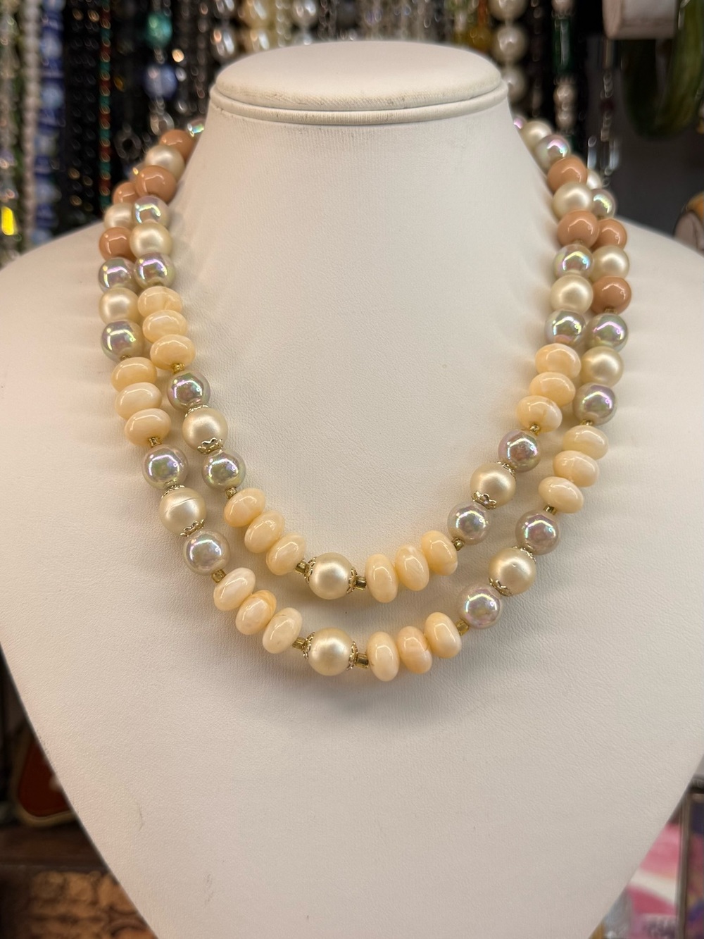 Vintage Cream Pearl and Peach Bead Double Strand Necklace